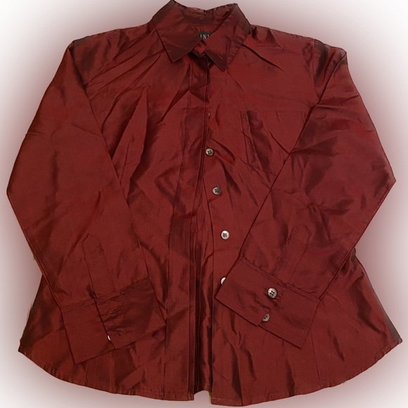 Finity 100% Silk Women’s size 2 Button Down dress Long Sleeve Shirt Reddish Blk - Picture 1 of 13